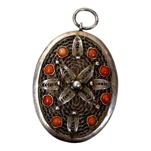 Antique Filigree Sterling Silver & Coral Tibetan Prayer Box Locket Pendant 6.67g - Picture 1 of 5